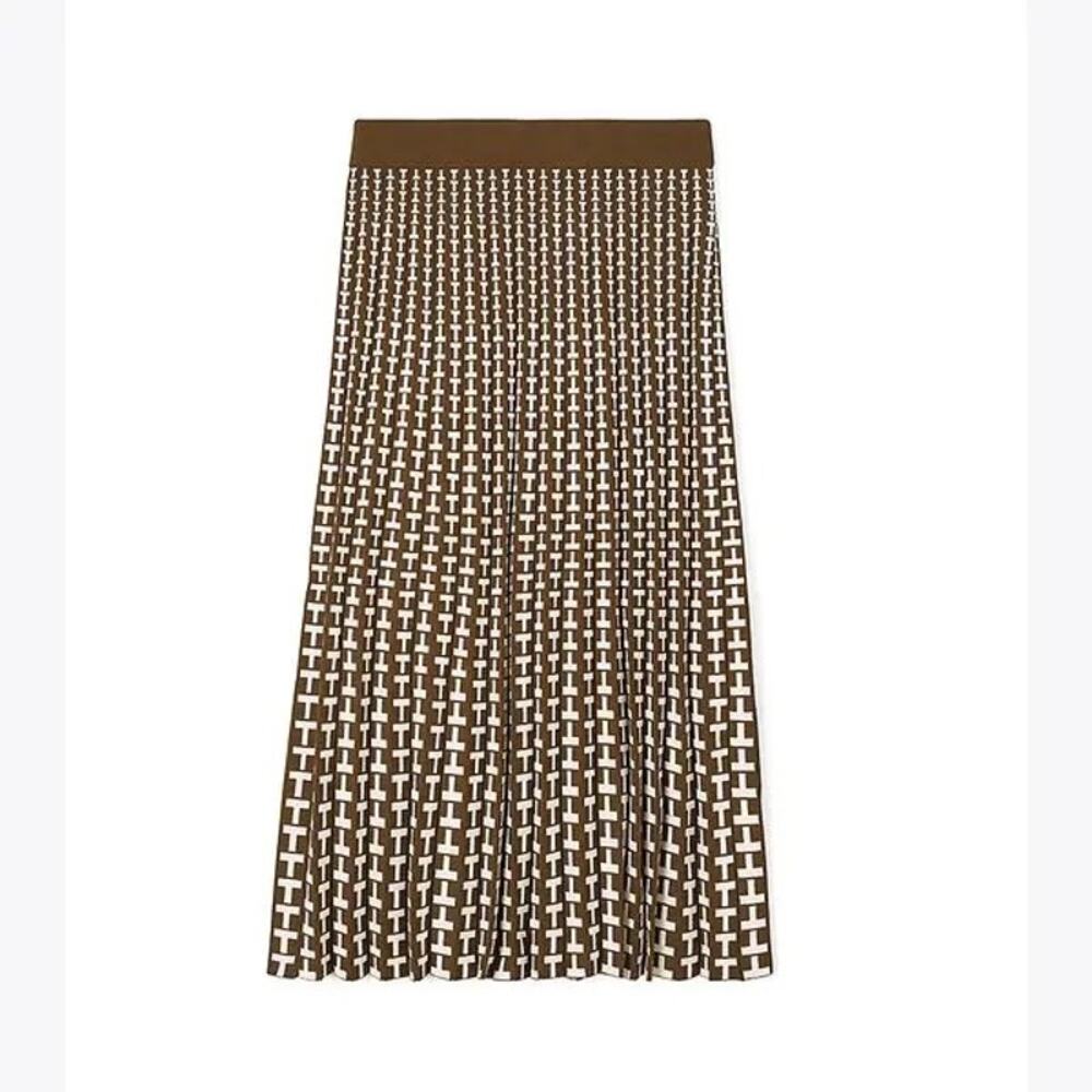Tory Burch Pleated Jacquard Knit skirt Dark roast size M medium